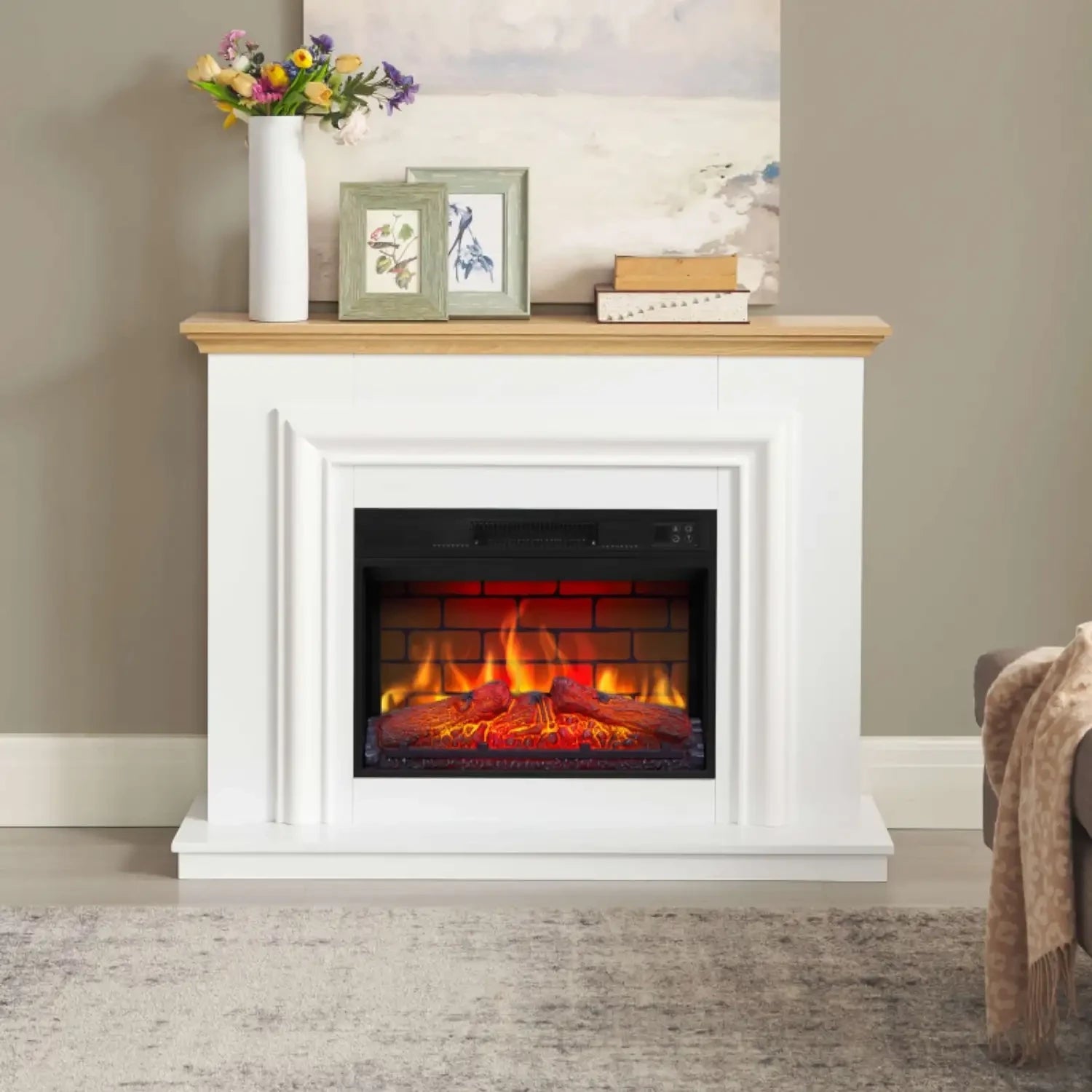 Ensemble cheminée électrique Marbelya – Blanc / Chêne naturel