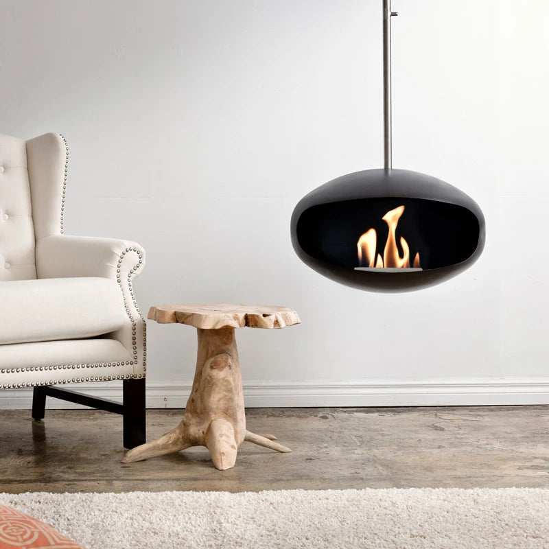 Modern suspended cocoon fires place 
