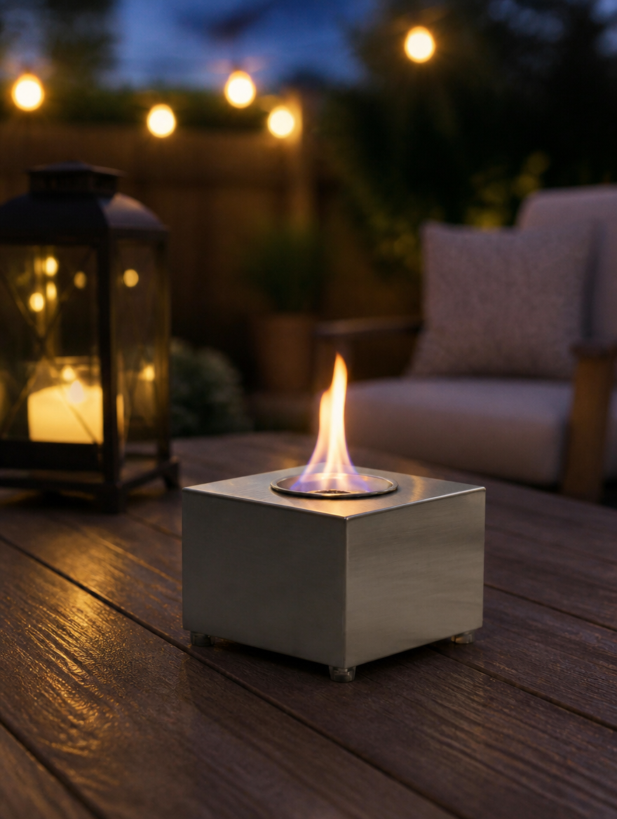 Cube tabletop bioethanol fireplace with a small lit flame on an outdoor patio table in the evening, with string lights and a lantern