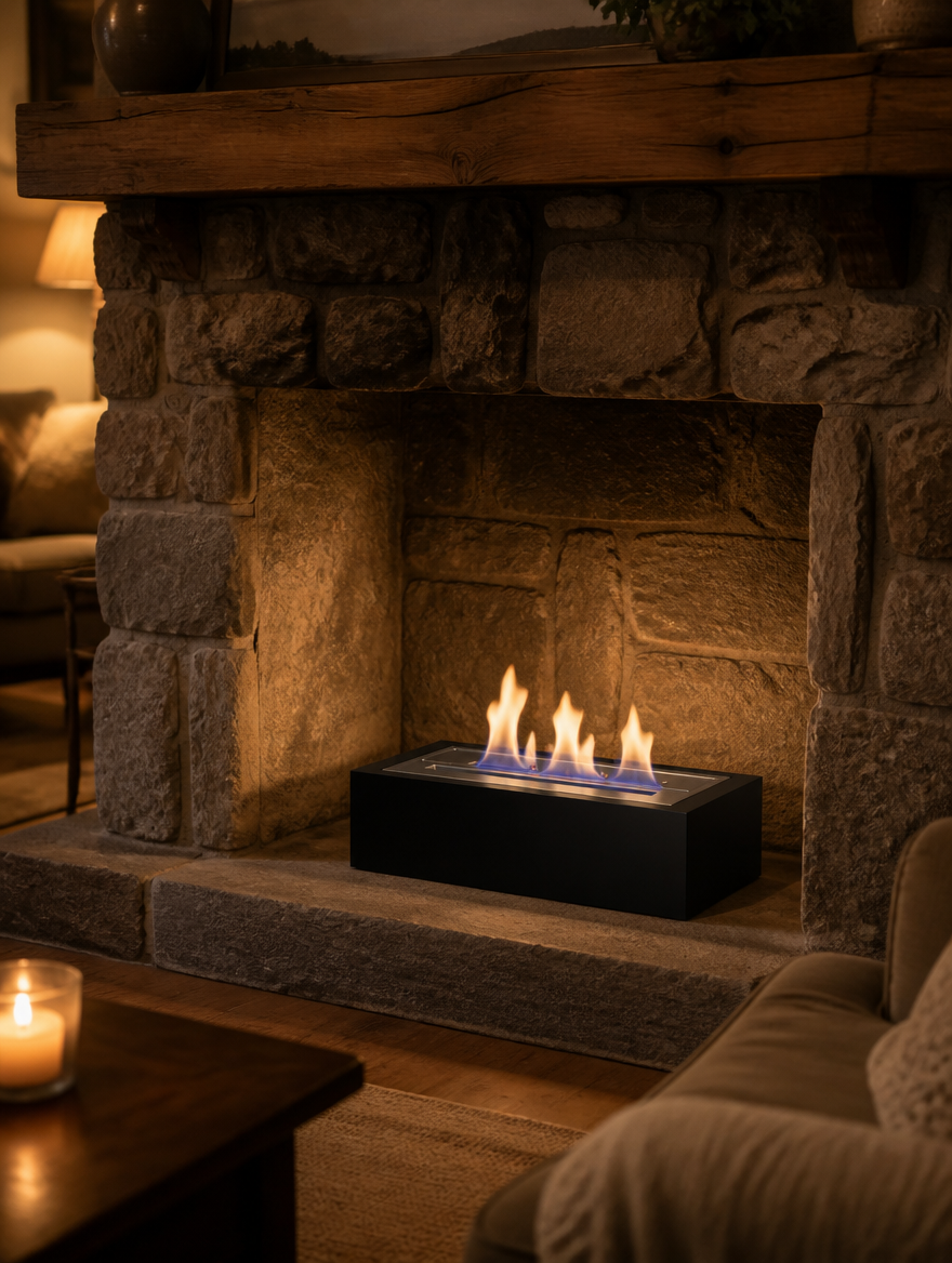 Bioethanol burner insert installed inside an existing stone fireplace, lit with a realistic flame