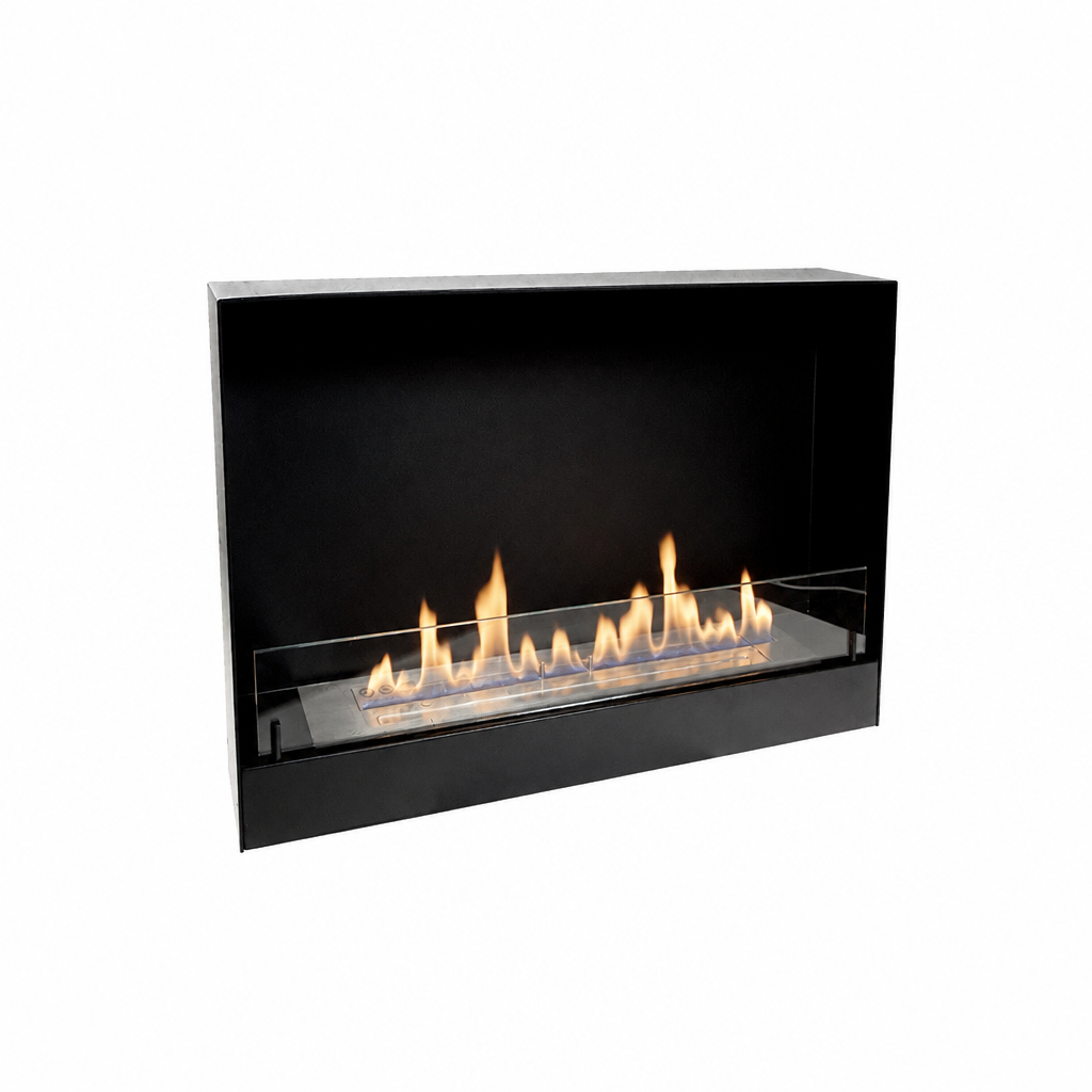 60 cm black bio fire wall insert with a lit natural flame, angled studio view