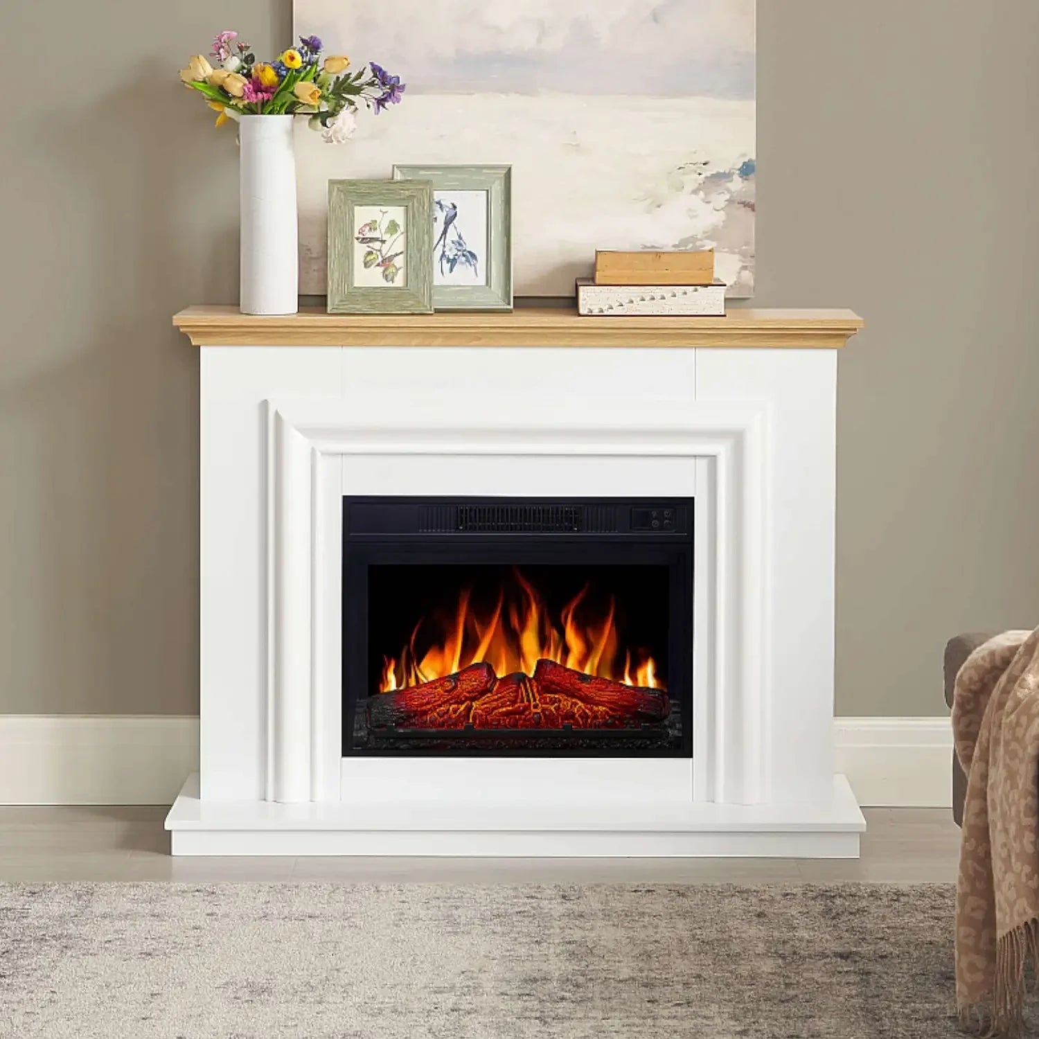 Ensemble cheminée électrique Marbelya – Blanc / Chêne naturel
