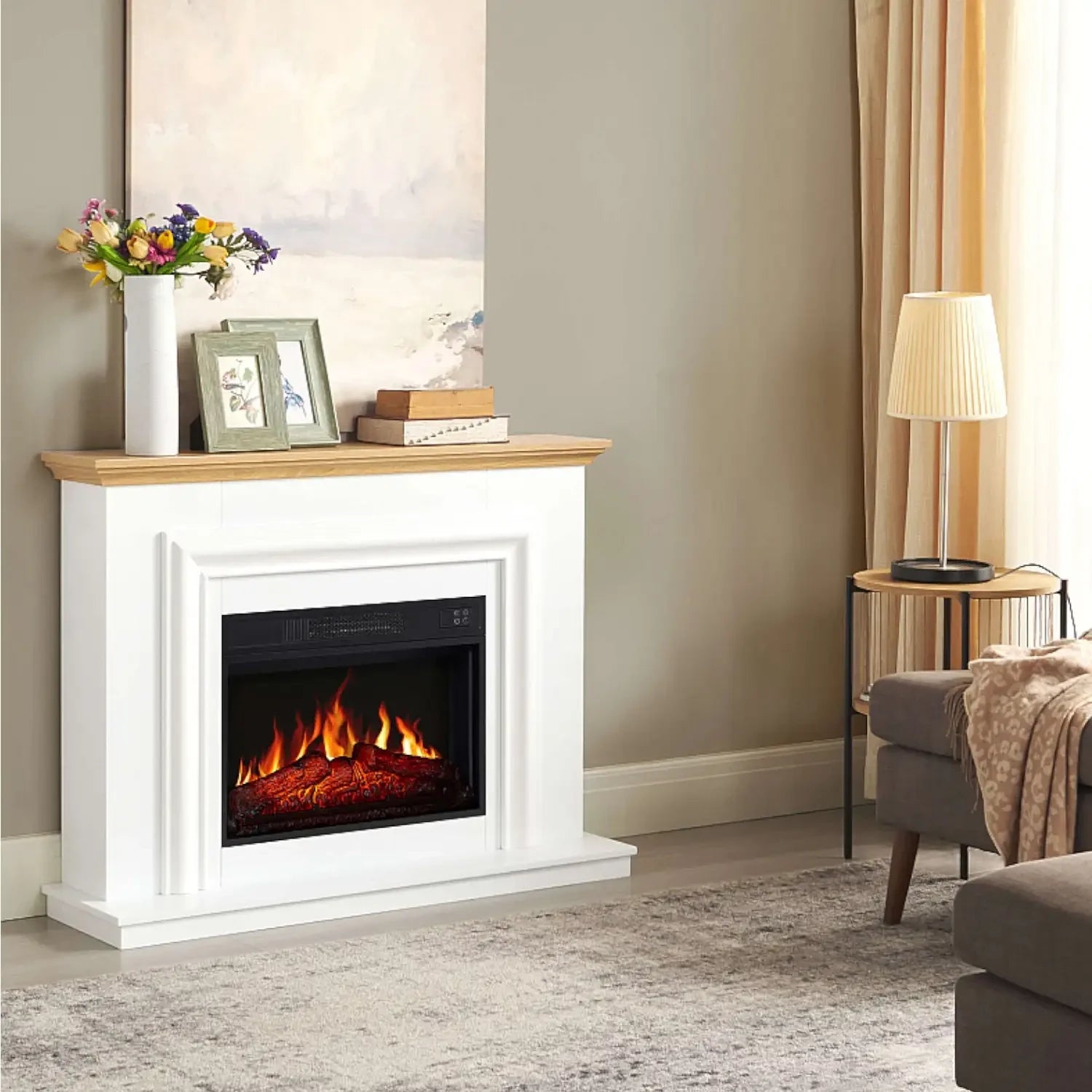 Ensemble cheminée électrique Marbelya – Blanc / Chêne naturel