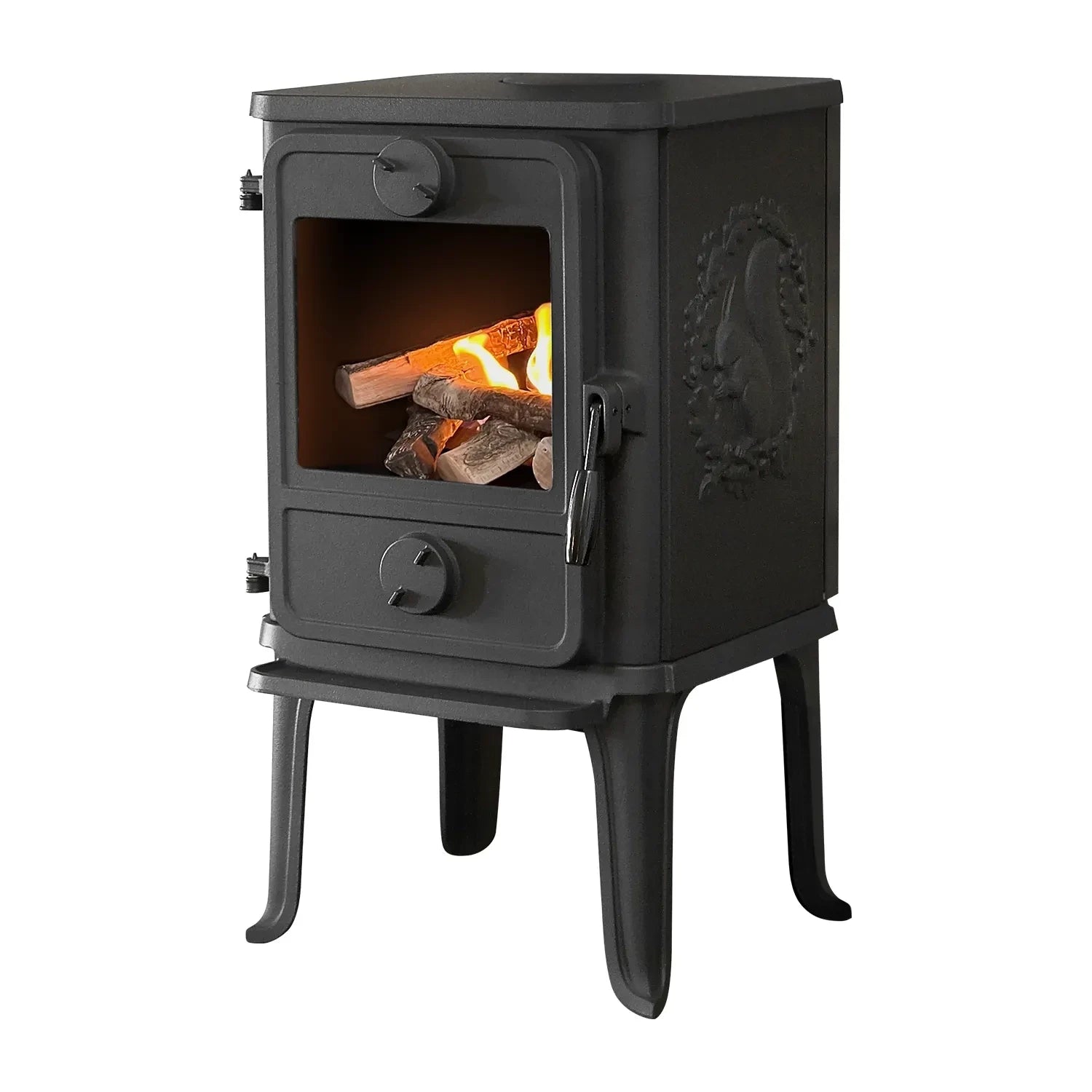Morsø 1010 – Poêle à cheminée bioéthanol avec motif écureuil, pieds de 250 mm, pour une ambiance unique.