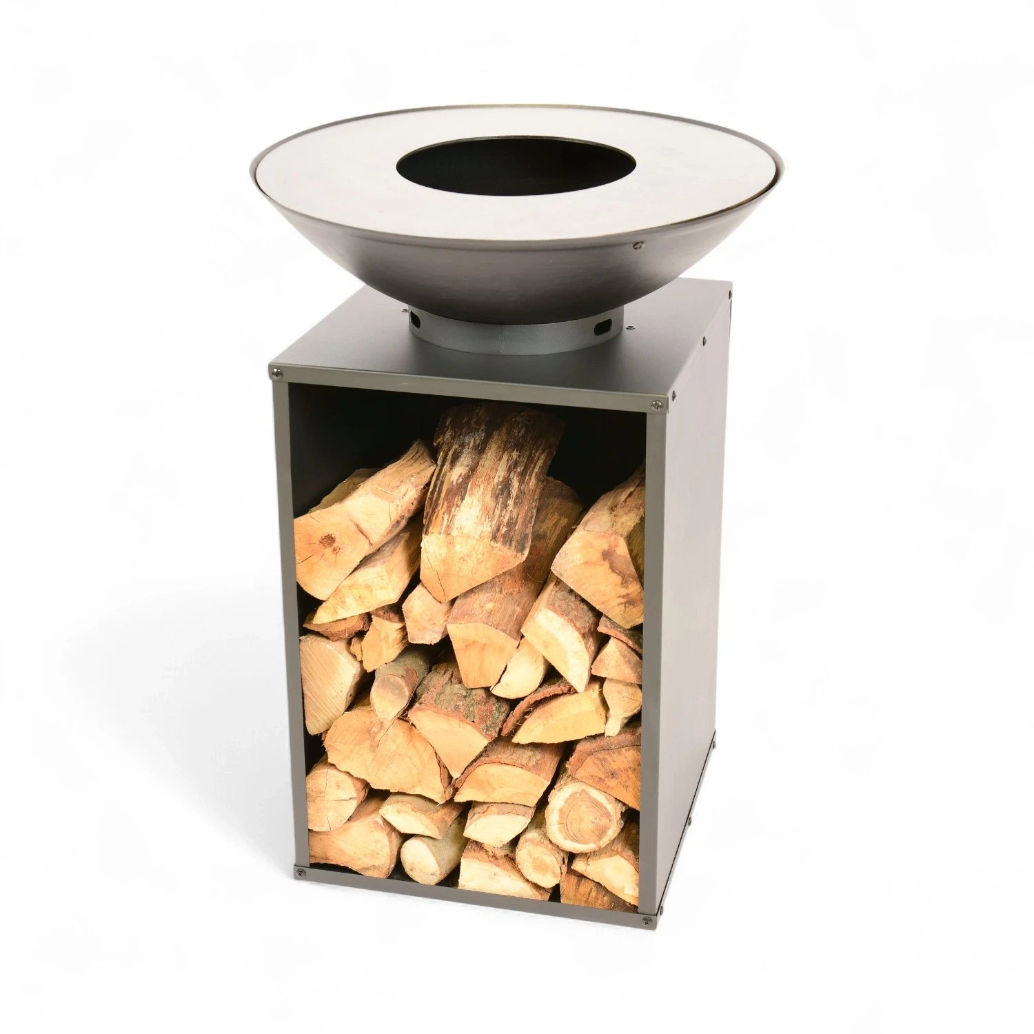 Onyx Fire Bowl avec grille et rangement à bûches – Ø60 : créez un espace extérieur convivial autour d’un feu élégant et fonctionnel.