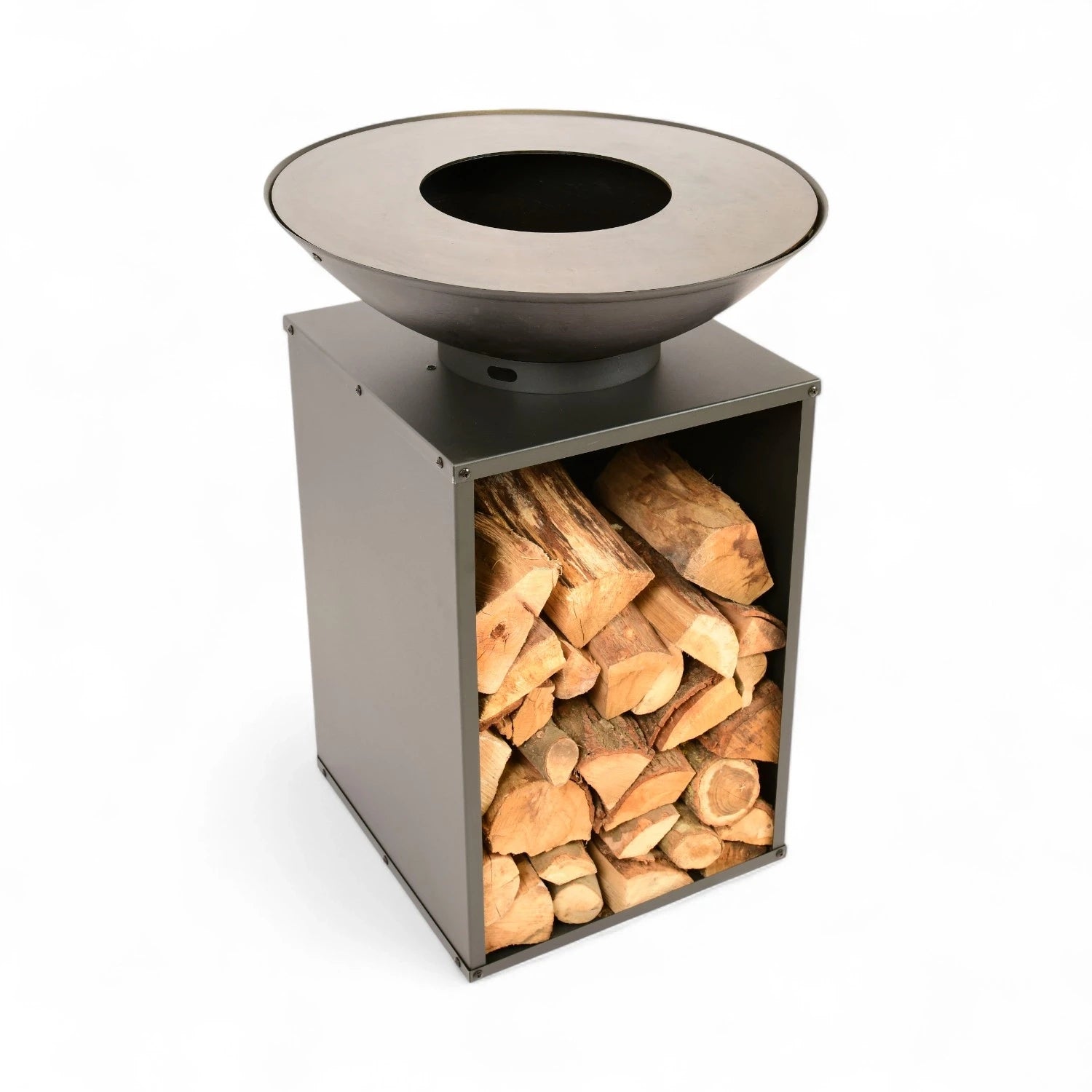 Onyx Fire Bowl avec grille et rangement à bûches – Ø60 : créez un espace extérieur convivial autour d’un feu élégant et fonctionnel.