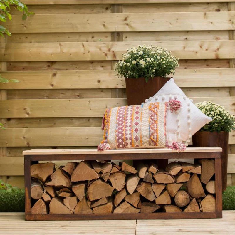 Banc avec Stockage de Bois en Acier Corten