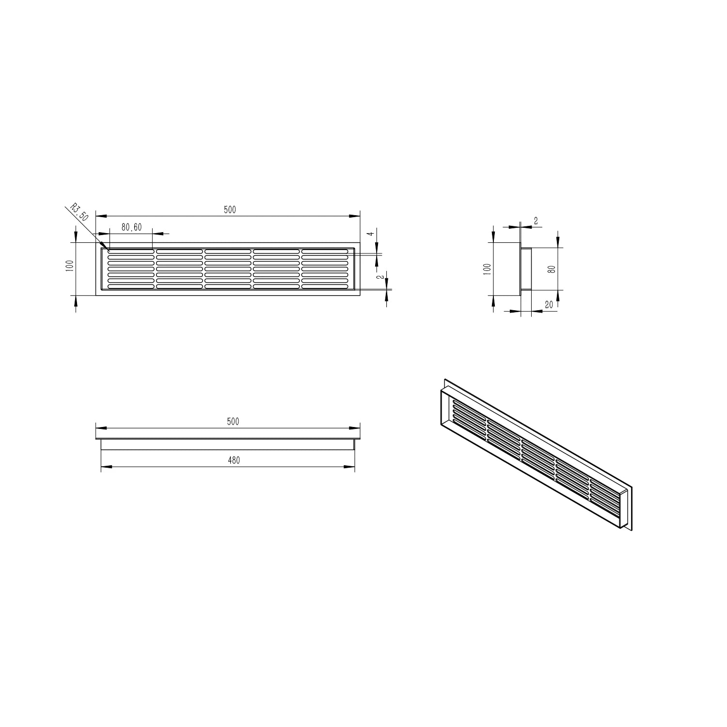 Grille de ventilation blanche - 50 x 10 cm - 214 cm²